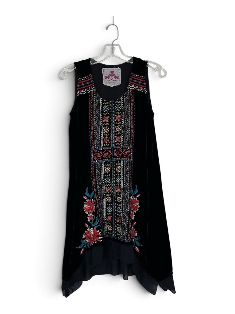 JW Los Angeles Black Velvet Embroidered Boho Handkerchief Dress S